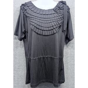 ST. JOHN Blouse - Black, Ruffled Bib, Floral Shoulder, Pullover, 100% Silk, S